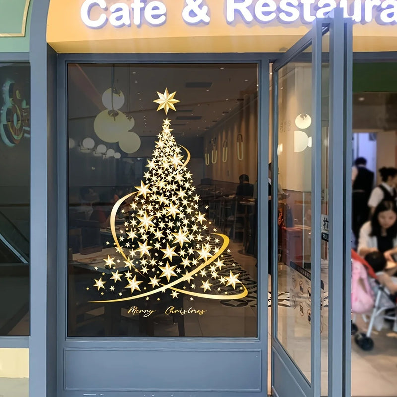 Fensteraufkleber GloriaTree | 2er Set Goldene Weihnachtsbäume | Wiederverwendbare PVC-Deko für Glas & Fenster