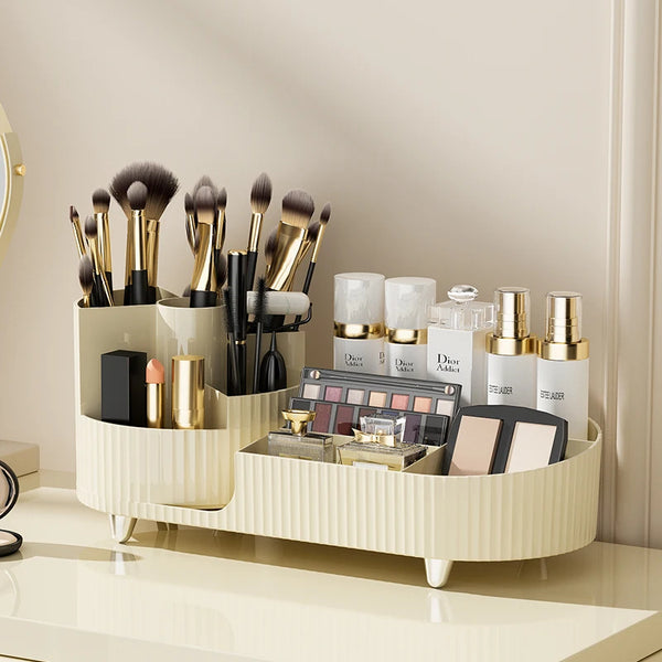 Clearlyn SpinBox Drehbarer Make-up Organizer aus Kunststoff | Kosmetikbox mit Fächern | 360° Rotierend & Platzsparend | Acryl-Optik