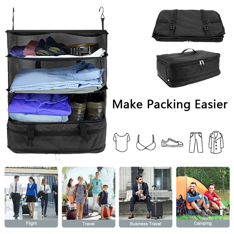 Packelier Koffer Organizer | Hängeregal für Reisen | 3 Fächer | Faltbar & Wasserabweisend | Schwarz