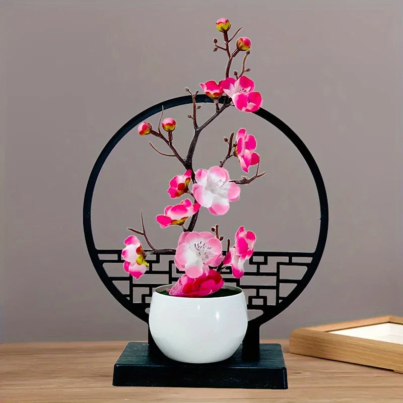 Kunst-Bonsai PlumElegance | Pflaumenblüten-Design | Mit dekorativem Paravent-Sockel | 32 cm Tischdeko