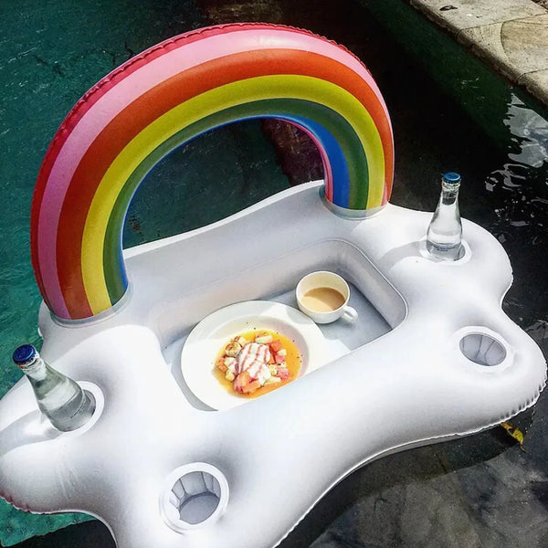 Poolonia Aufblasbarer Schwimmtisch Regenbogen & Wolken | Poolbar mit Getränkehalter & Eisfach | Luftmatratze für Poolparty & Sommer