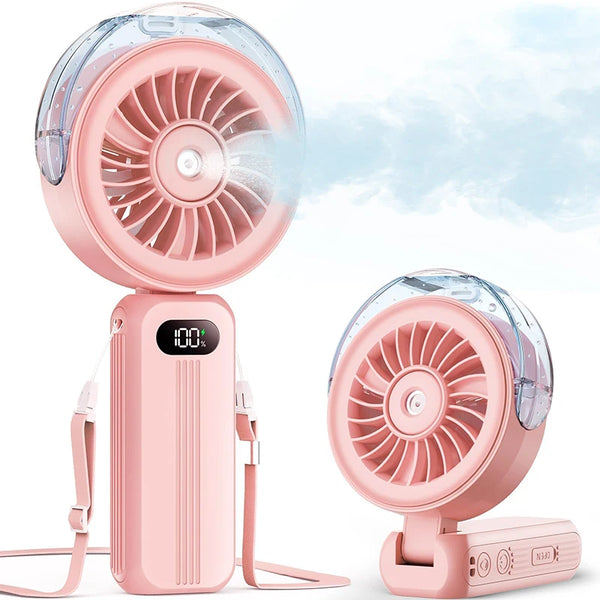Mini-Ventilator Breezora Pro | Faltbar & Tragbar | Mit Sprühfunktion & USB-Aufladung | Für Hand, Tisch & Halsband