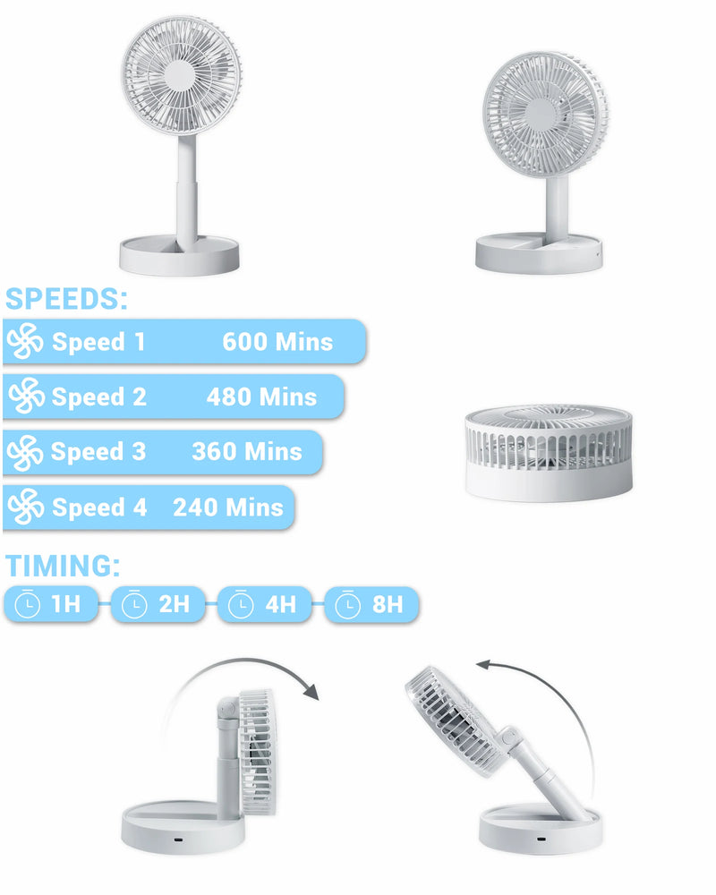 USB Tischventilator Breezio | Faltbar & Tragbar | 4 Geschwindigkeiten & Timer | Akku-Betrieben für Innen & Außen