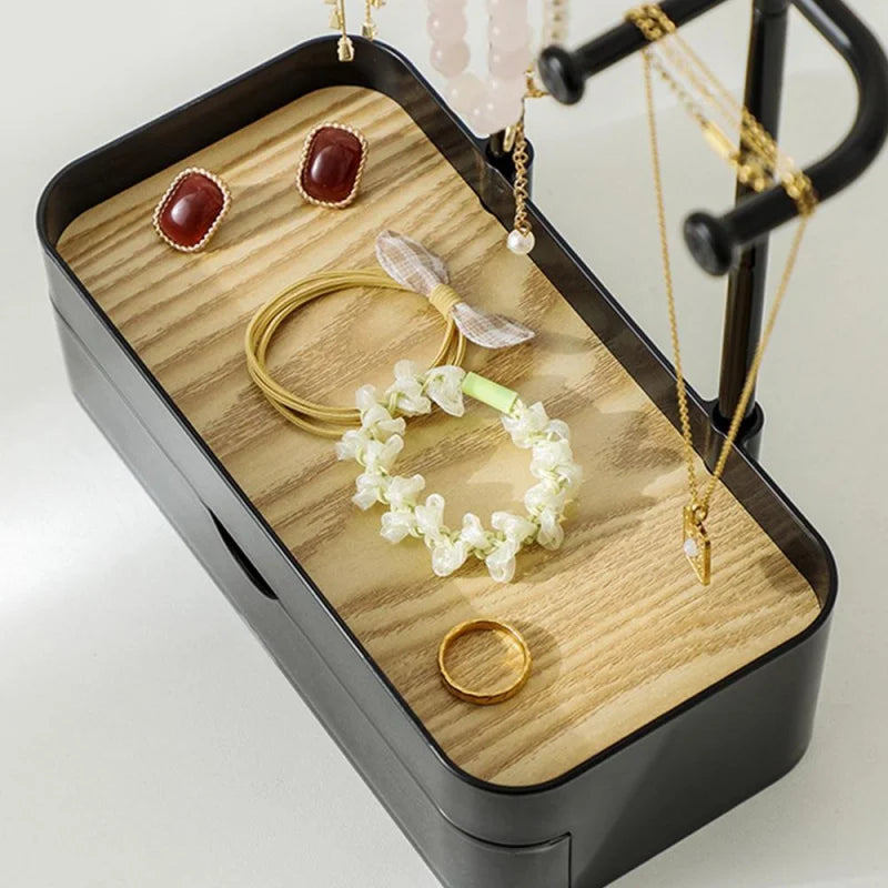 Eleganzia | Schmuck-Organizer mit Holzablage | Schmuckständer für Ohrringe, Armbänder, Halsketten & Ringe | 23 × 10,2 × 21,1 cm