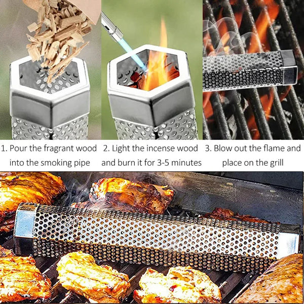 SmokeMaster Tube Edelstahl-Smoker-Röhre | Für Heiß- & Kalträuchern | BBQ-Aroma-Tube mit Lochdesign | 30,6 × 5,8 cm / 15,3 × 5,3 cm