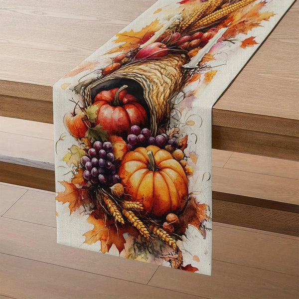 Herbst-Tischläufer HarvestCharm | Aquarell Kürbis & Früchte | Leinenoptik | Waschbar & Farbfest