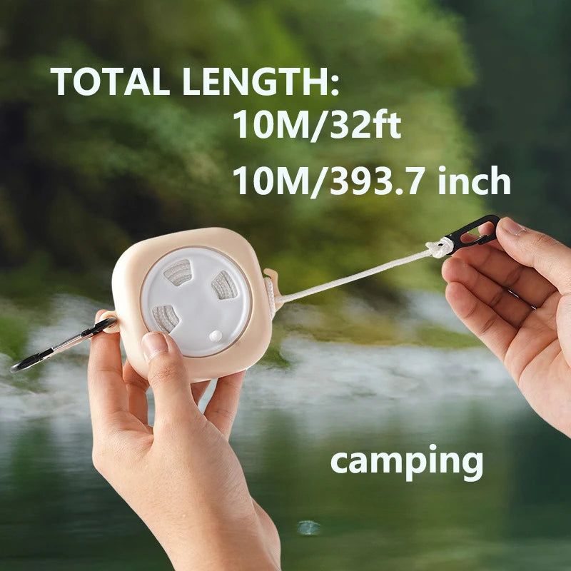 Tragbare Wäscheleine TravelTendu | 10 m ausziehbar mit 10 Stoppern | Für Camping, Balkon, Bad & Outdoor-Abenteuer