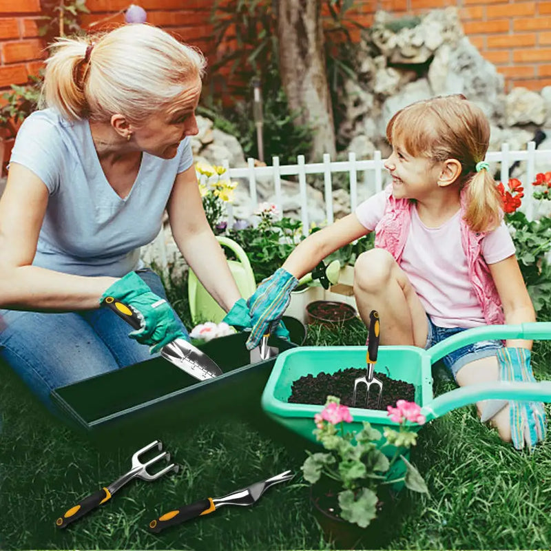TerraForte Tools Gartenwerkzeug Set 5-tlg. | Ergonomisch & Rostfrei | Mit Handschuhen & Tiefenskala | Edelstahl