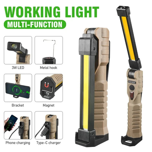 Lightronik FlexBeam Faltbare LED Arbeitslampe | 7 Lichtmodi | Mit Magnet & Haken | Type-C Wiederaufladbar | Für Camping & Notfälle
