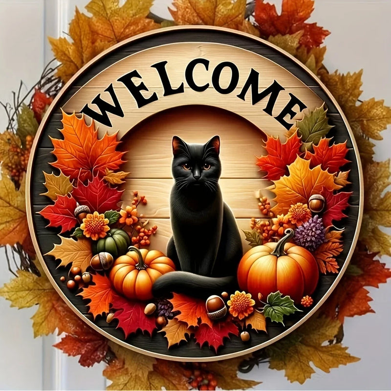 Autumna Herbst Willkommensschild | Rund 20 cm | Schwarze Katze & Kürbis | Tür- & Eingang Deko