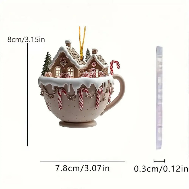 FestivaBrew Weihnachtsanhänger | Acryl-Ornament Kaffeetasse mit Wintermotiv | Nachhaltiger Christbaumschmuck | 8 × 7 cm