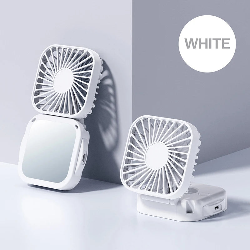 Faltbarer Mini-Nackenventilator Coolique MirrorFan | USB Wiederaufladbar | Mit Kosmetikspiegel | 3-Stufen | Leise & Tragbar