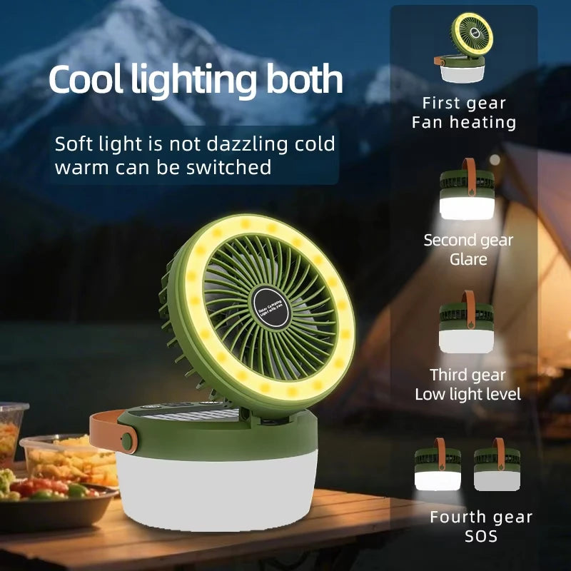 SolAiro Faltbare Solar-Campinglaterne mit Ventilator 12 × 12 cm | 2‑in‑1 Zeltlampe & Kühlventilator mit 4 Leuchtmodi | USB & Solar aufladbare Outdoor-Kombination