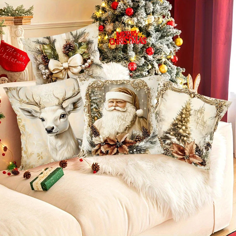 GoldenVintage Kissenbezüge 4er Set | Weihnachtsdesign mit Santa, Rentier & Schleife | Sofadeko & Wohnzimmer | 45×45 cm