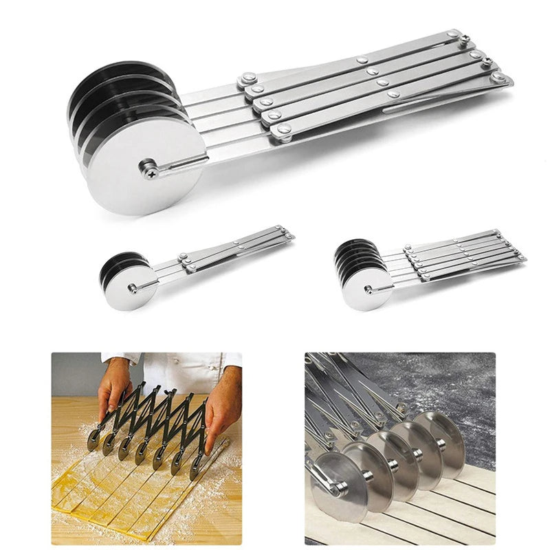 SlicePro™ Edelstahl Teigschneider | Faltbar & Verstellbar | 3–7 Räder | Perfekte Portionierung für Pizza, Gebäck & Pasta