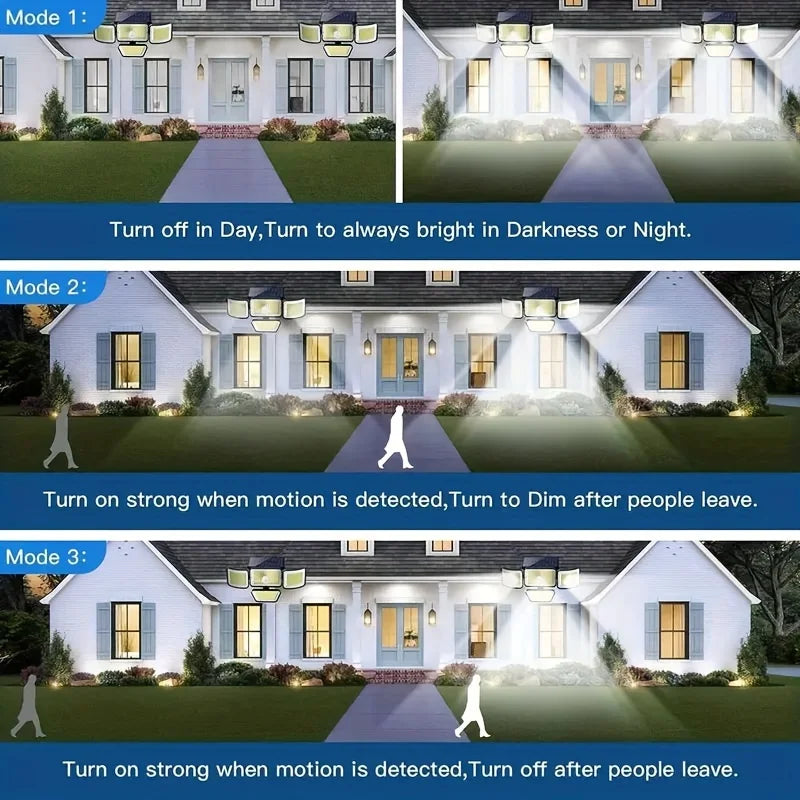 Solar Sicherheitsstrahler LumiWacht 300° | 4 Köpfe | 3000 Lumen | Bewegungsmelder & Dim-Modus | IP65 Wetterfest