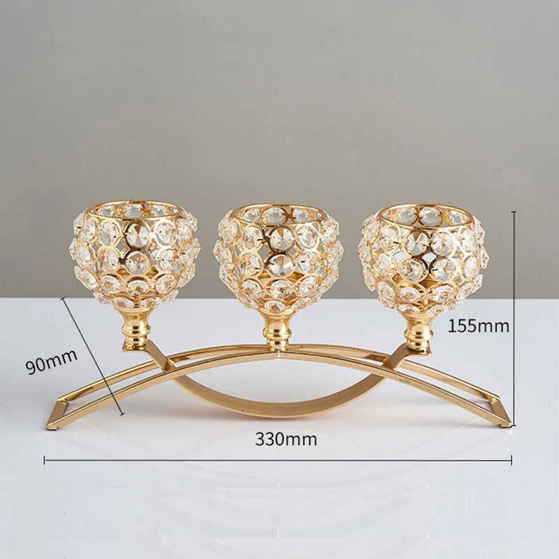 CristaLuce Kerzenhalter | 3 Kristallkelche | Modernes Bogen-Design | Metall & Glas | 33×9×15,5 cm