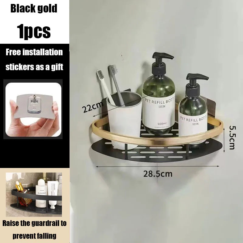 AquaSpace Pro | Eck-Duschablage ohne Bohren | Aluminium | Rostfrei & Belastbar | Badregal in Schwarz, Weiß, Silber oder Schwarz-Gold