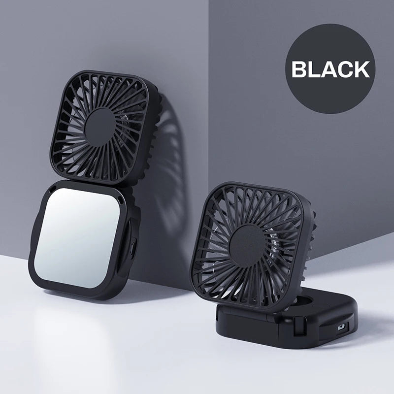 Faltbarer Mini-Nackenventilator Coolique MirrorFan | USB Wiederaufladbar | Mit Kosmetikspiegel | 3-Stufen | Leise & Tragbar