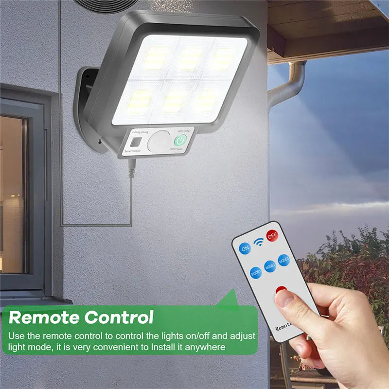 LumoVolt Solarlicht mit Bewegungsmelder | 72 COB LEDs | Fernbedienung & 5 m Solarpanel-Kabel | 3 Modi | IP65 Wetterfest