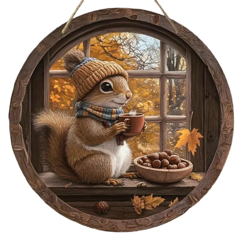 Holzschild AutumnTail | Rundes Willkommensschild mit Eichhörnchen-Motiv | 20–30 cm | Handgefertigte Herbst- & Winterdeko