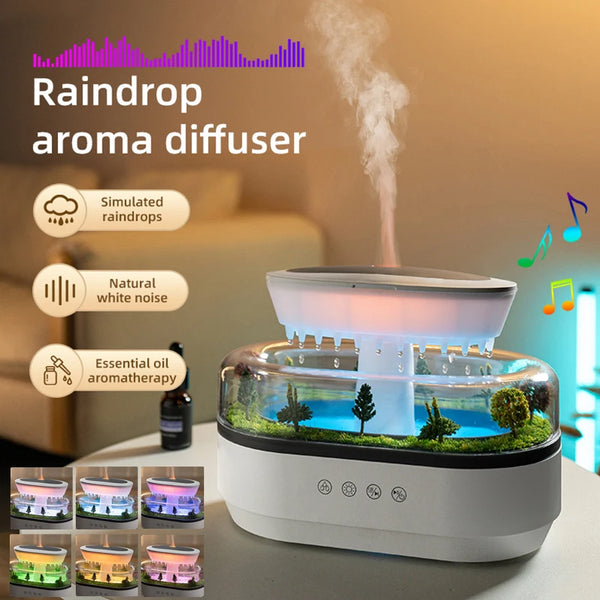 Aroma-Luftbefeuchter RainGlow | 250 ml | Mit Farblicht, Weißem Rauschen & Musik | Ätherisches Öl Diffusor | EU-Stecker