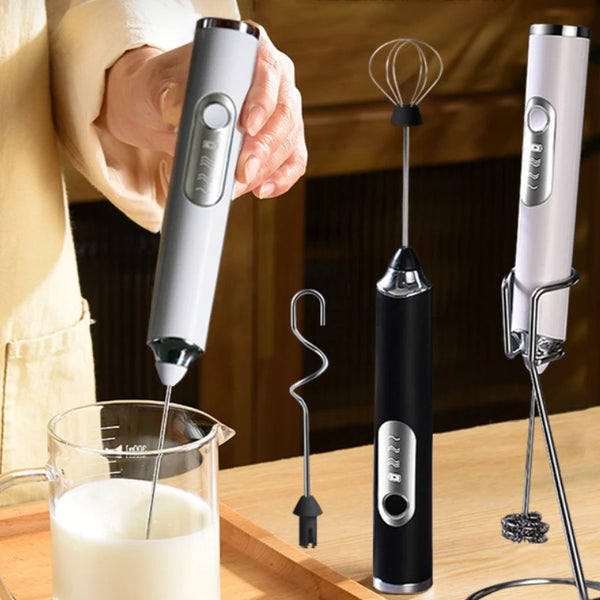 CREMIX Elektrischer Milchaufschäumer & Mixer | 3 Geschwindigkeiten | Doppelaufsatz aus Edelstahl | USB-Ladung