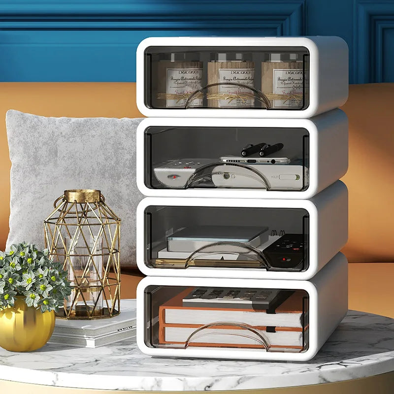ClaryBox Aufbewahrungsbox mit Schublade | Stapelbar & Staubdicht | Für Büro, Kosmetik, Schmuck & Medizin | Weiß | Größe S/L