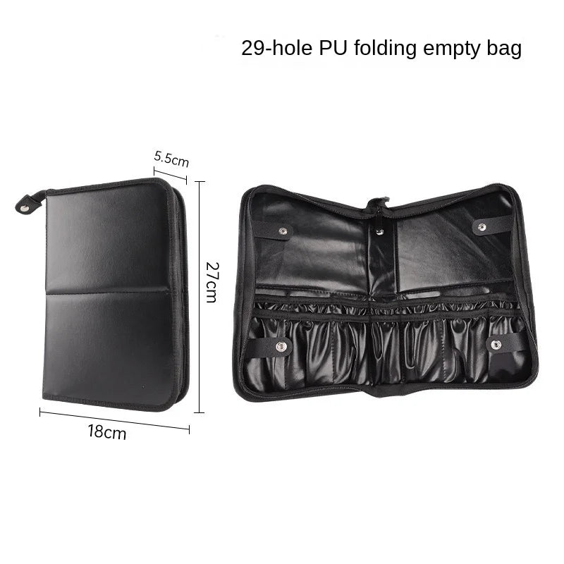 Pinselia Make-up Pinsel Tasche 29 Fächer | Faltbar & Wasserdicht | Profi-Organizer für Reisen & Studio | PU-Leder | Schwarz