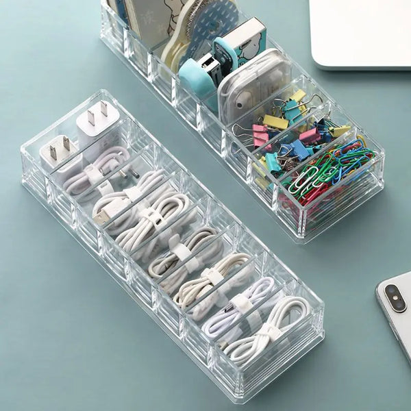 Kabelorganizer ClearGrid 7+ | 7-Fach Ladebox für Ladekabel & Netzteile | Transparentes Design | 26×5,5×11 cm
