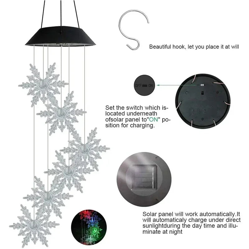 Solar Windspiel LumiSnow | Farbwechselnde LED Schneeflocken | Solarenergie & Wasserdicht | Hängelampe für Garten, Balkon & Terrasse