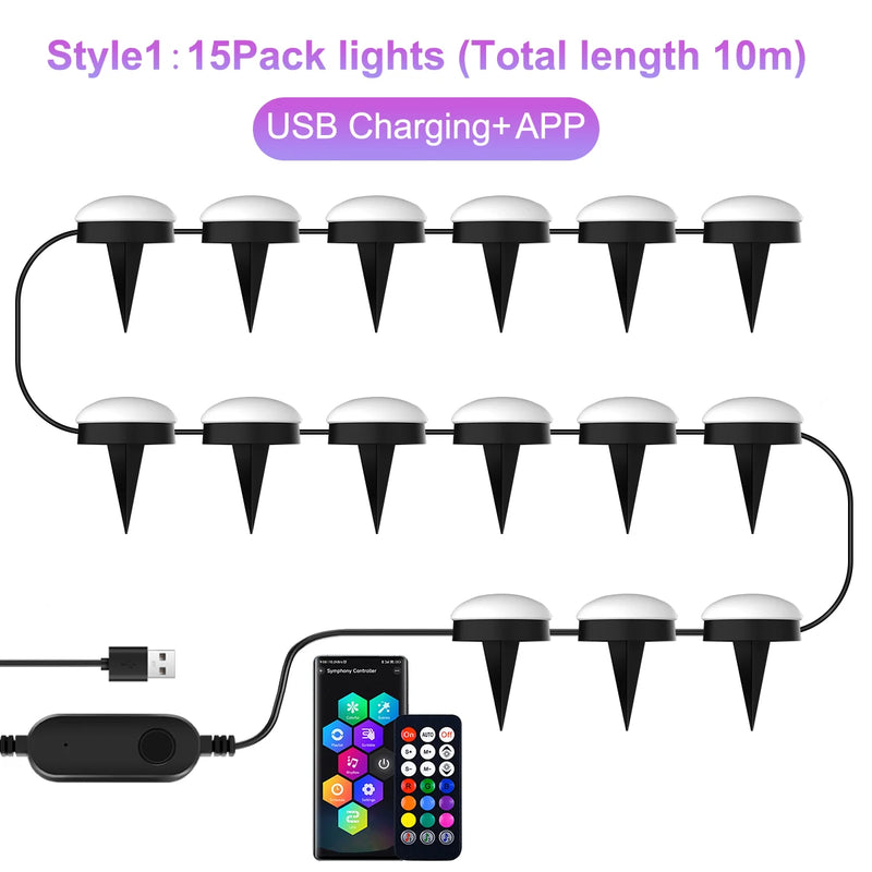 Bodenleuchten Solvion Glow | 15er LED-Set | Warmweiß & RGB | Solar- oder USB-Ladung | IP65 Wasserdicht | Mit Fernbedienung