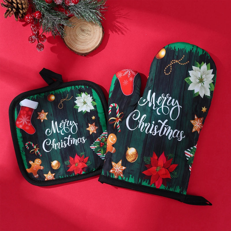HollyHeat Ofenhandschuhe 2er-Set | Weihnachts-Backhandschuhe mit festlichem Design | Hitzebeständige Küchenhandschuhe für Weihnachten & Neujahr