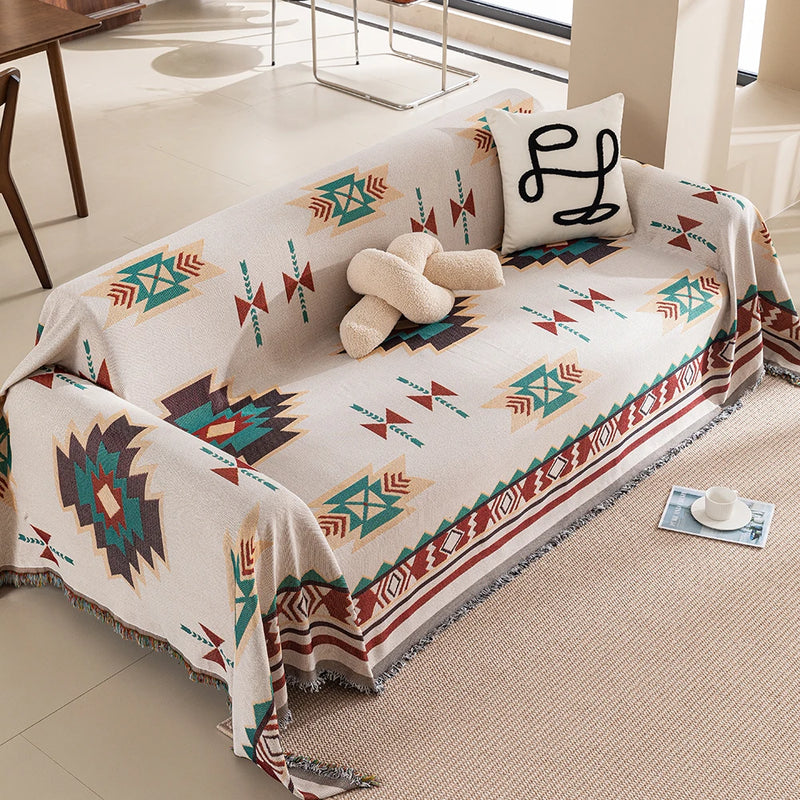 Loomora Boho Sofaüberwurf | Wende-Decke mit geometrischem Muster | Weich & Atmungsaktiv | Baumwoll-Mix mit Fransen