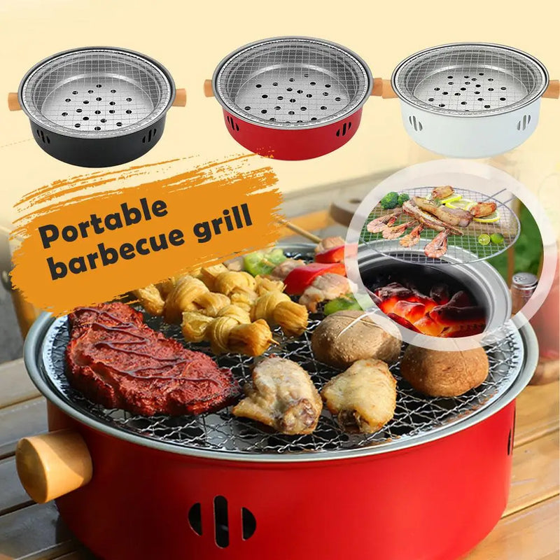 Kyoonori Koreanischer Holzkohlegrill rund | Tragbarer BBQ-Ofen aus Eisen | 32 × 10 cm | Antihaft-Grillrost | Für Camping & Outdoor