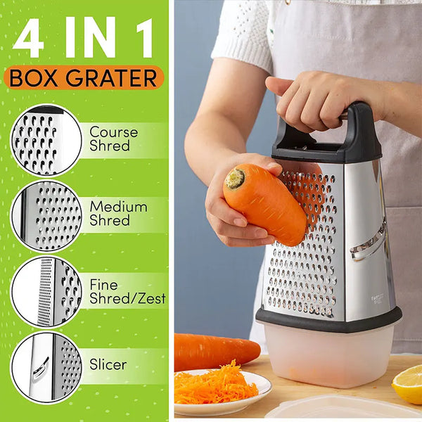 Gratello 4-in-1 Küchenreibe mit Auffangbehälter & Deckel | Edelstahl & rutschfester Boden | Für Käse, Gemüse, Zitrus & mehr | 22 × 11 × 9 cm