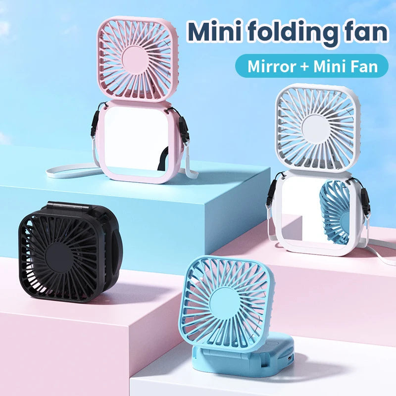 Faltbarer Mini-Nackenventilator Coolique MirrorFan | USB Wiederaufladbar | Mit Kosmetikspiegel | 3-Stufen | Leise & Tragbar