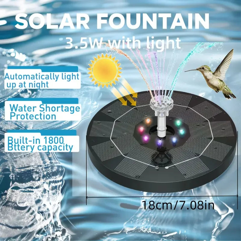Solarbrunnen LumiFonte 3.5W | Mit RGB-LED & 6 Düsen | 1500 mAh Akku & Filtersystem | Für Vogelbad, Teich & Garten