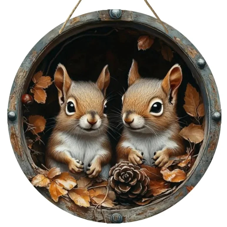 Holzschild AutumnTail | Rundes Willkommensschild mit Eichhörnchen-Motiv | 20–30 cm | Handgefertigte Herbst- & Winterdeko