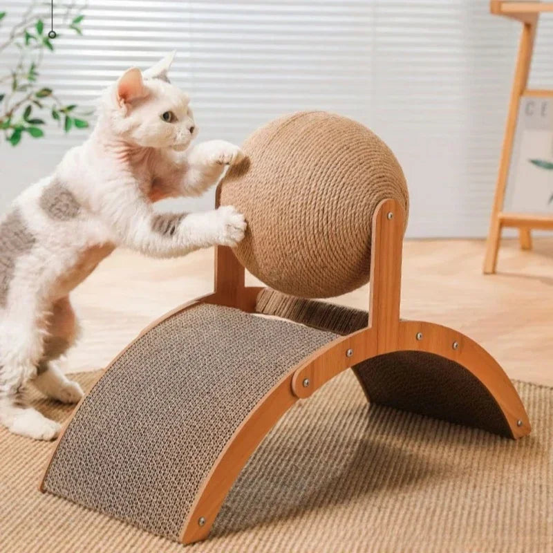 Kratzo Katzenspielzeug | 2-in-1 Kratzball & Kratzbrett | Massivholz & Sisal | Möbel-Schutz