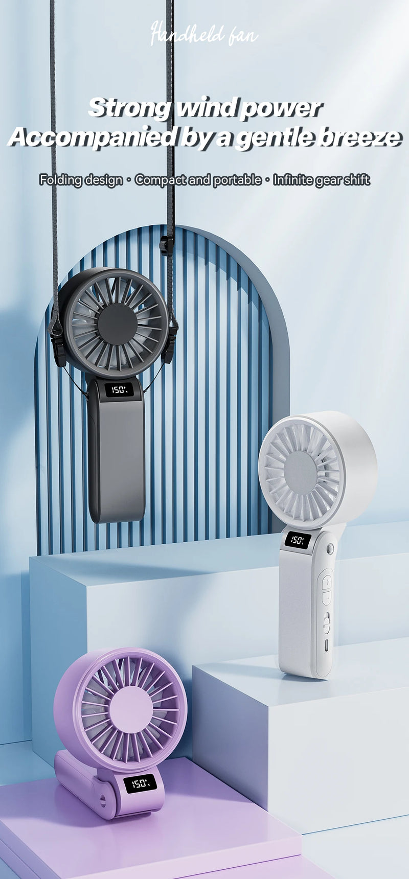 ZephyrAir Lärmfreier Klapp-Ventilator | USB-Wiederaufladbar 3000 mAh | Mini-Handventilator mit 3 Lichtfarben & Luftanzeige