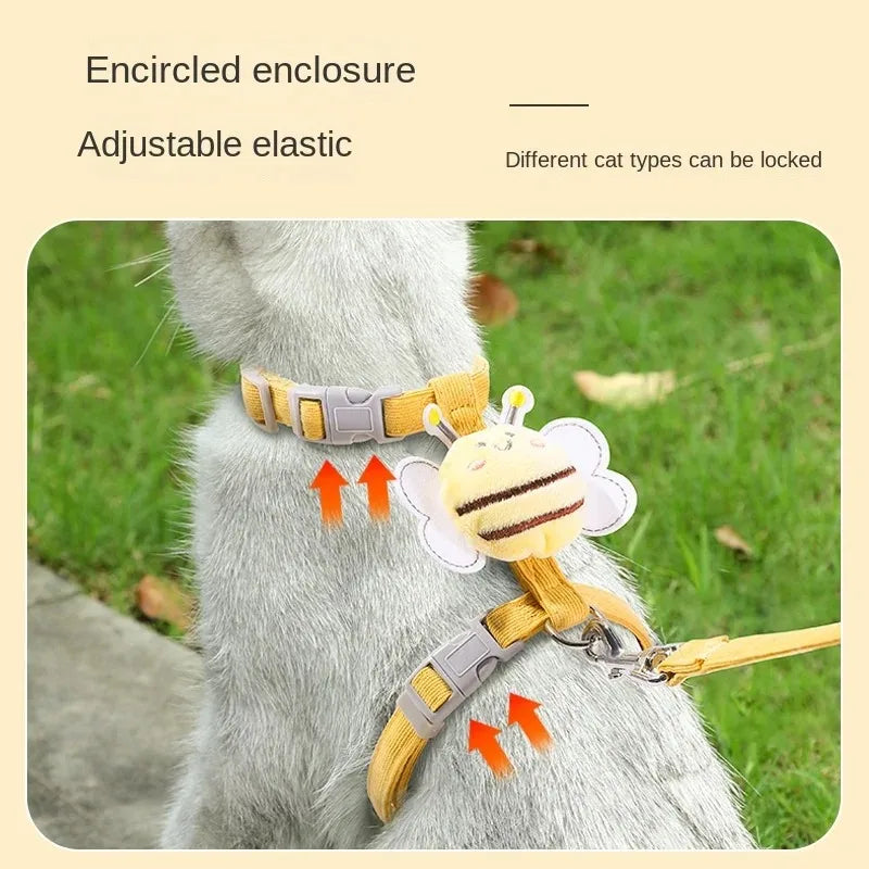 BeeWalk | Verstellbares Geschirr-Set mit Leine & Halsband | Doppellagiges Design im Cartoon-Bienen-Look | Für Katzen & kleine Hunde