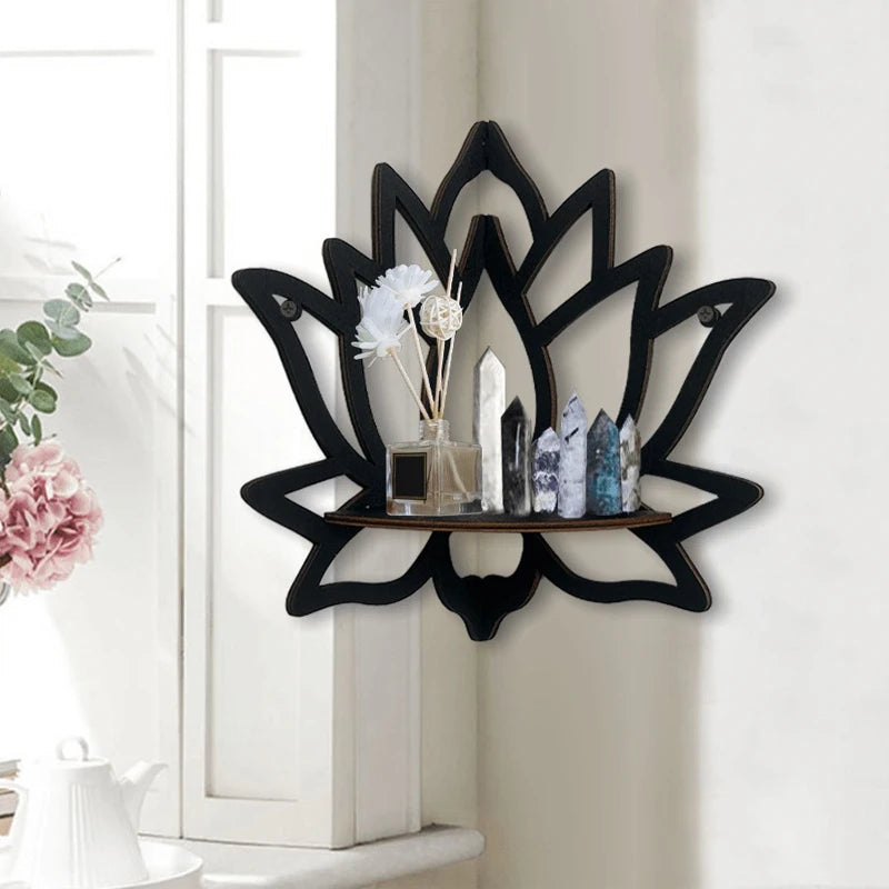Holumina Boho-Eckregal aus Holz | Lotus-Design mit Hohlschnitt | Für Kristalle & Deko | Schwarz