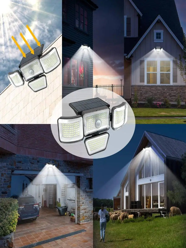 Solar Sicherheitsstrahler LumiWacht 300° | 4 Köpfe | 3000 Lumen | Bewegungsmelder & Dim-Modus | IP65 Wetterfest