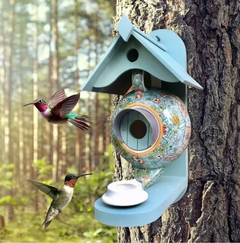 Nestoria Vogelhaus Teekanne | Handgefertigt & Wetterfest | Buntes Design | Ganzjahres-Unterschlupf für Vögel