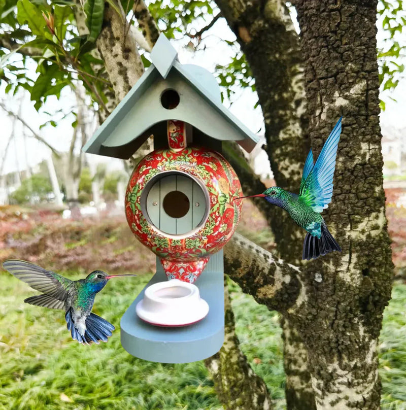 Nestoria Vogelhaus Teekanne | Handgefertigt & Wetterfest | Buntes Design | Ganzjahres-Unterschlupf für Vögel
