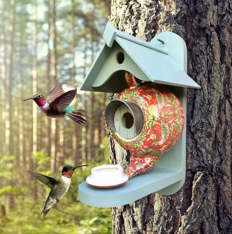 Nestoria Vogelhaus Teekanne | Handgefertigt & Wetterfest | Buntes Design | Ganzjahres-Unterschlupf für Vögel