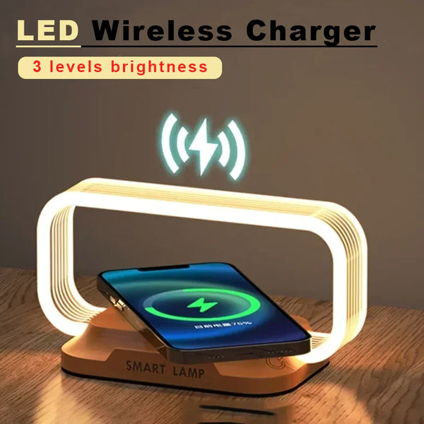 LumiCharge Touch | LED Tischlampe mit Wireless Charger | Dimmbar & Touch-Bedienung | Qi-Schnellladefunktion | Holzoptik