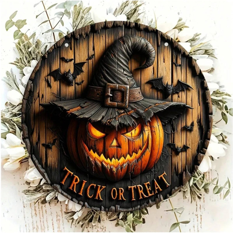 PumpkinHollow Retro Halloween Holzkranz mit Kürbiskopf | Retro-Design | Handgefertigte Hängedeko für Haus & Garten