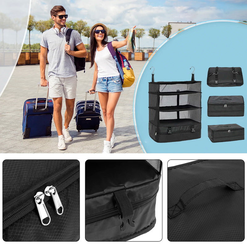 Packelier Koffer Organizer | Hängeregal für Reisen | 3 Fächer | Faltbar & Wasserabweisend | Schwarz